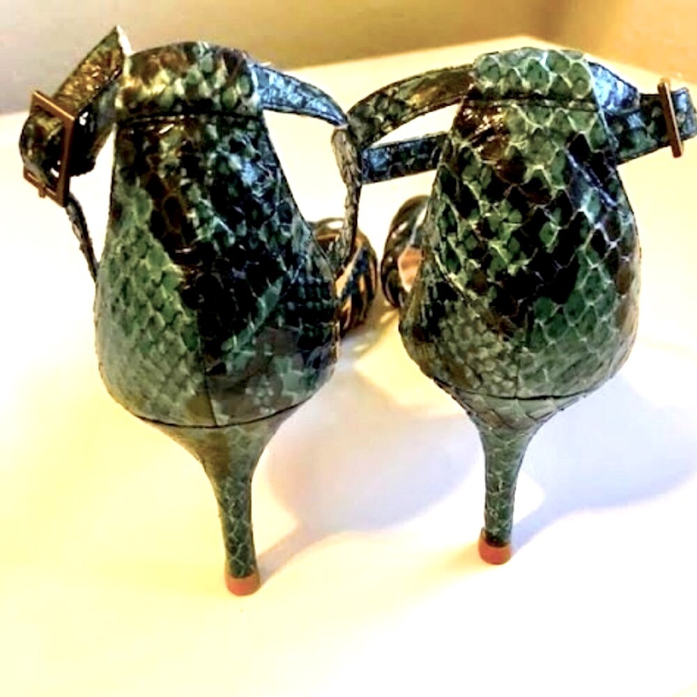 New JOIE Caged Open-toe Sandal Pumps Emerald Snakeskin Leather Kitten Heel 7 - Picture 9 of 11